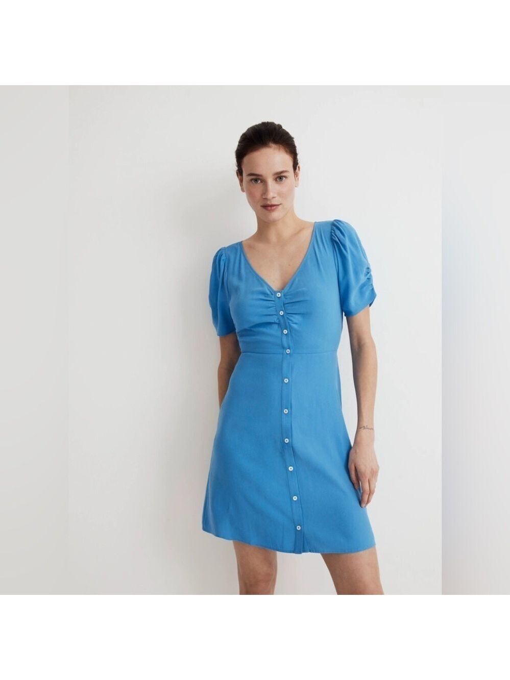 NWT Madewell V Neck Button Front Short Puff Sleeve Dress SZ 14 Cerulean Blue